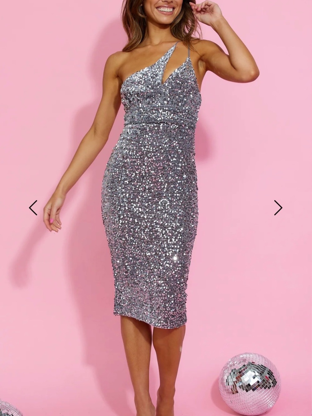 Silver Sequin One-Shoulder Midi Dress